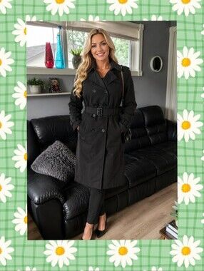 London Fog Black Double-Breasted Belted Trench Coat — (Pristine) Sz 8